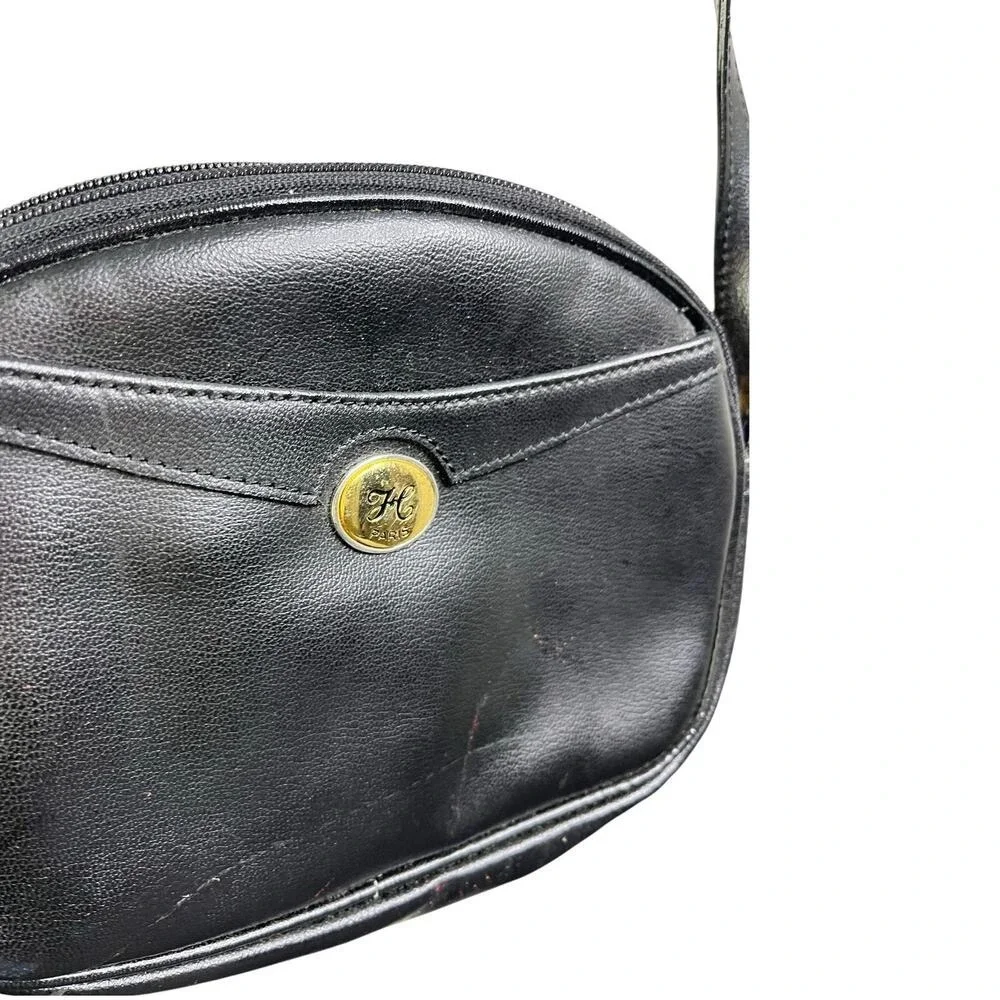 Hexagona Paris Handbag Purse  Black Oval‎ Leather Shoulder Bag Vintage Classic